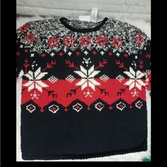 Vintage 90s Cozy Red Black Knit Snowflake Sweater - Picture 1 of 10